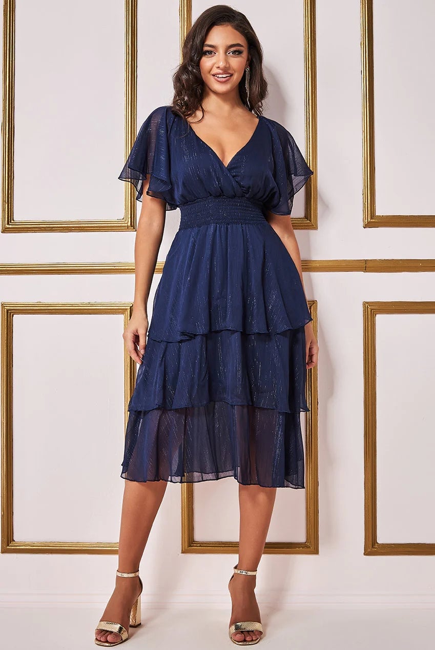 Navy Lurex Chiffon Midi Dress with Tiered Skirt for Evening Navy Lurex Chiffon Midi Dress with Tiered Skirt for Evening — Trendy Navy Blue Outfits