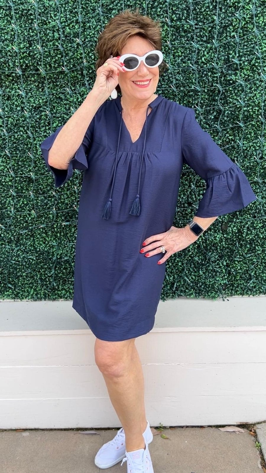 Navy Mini Dress with Bell Sleeves and Tassel Tie Neckline Navy Mini Dress with Bell Sleeves and Tassel Tie Neckline — Trendy Navy Blue Outfits