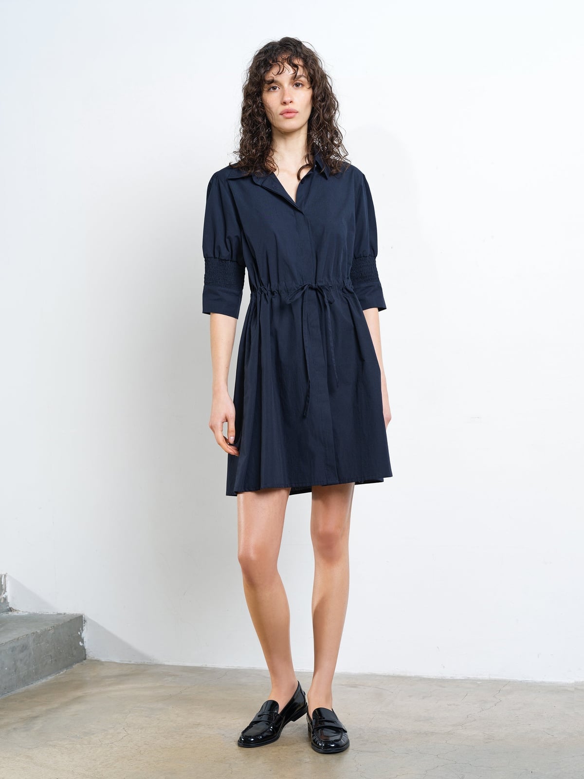 Navy Cotton Shirt Dress with Cinched Waist and Loafers Navy Cotton Shirt Dress with Cinched Waist and Loafers — Trendy Navy Blue Outfits