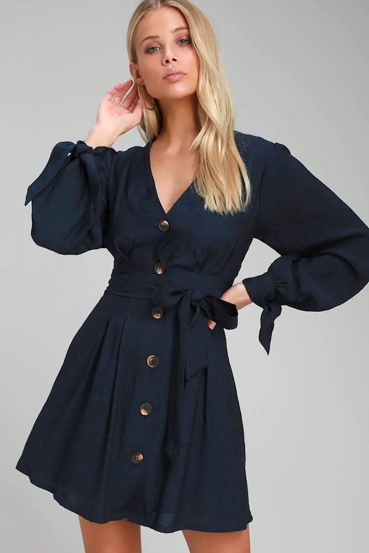 Navy Button-Front Dress with Tie Sleeves for Casual Wear Trendy Navy Blue Outfits