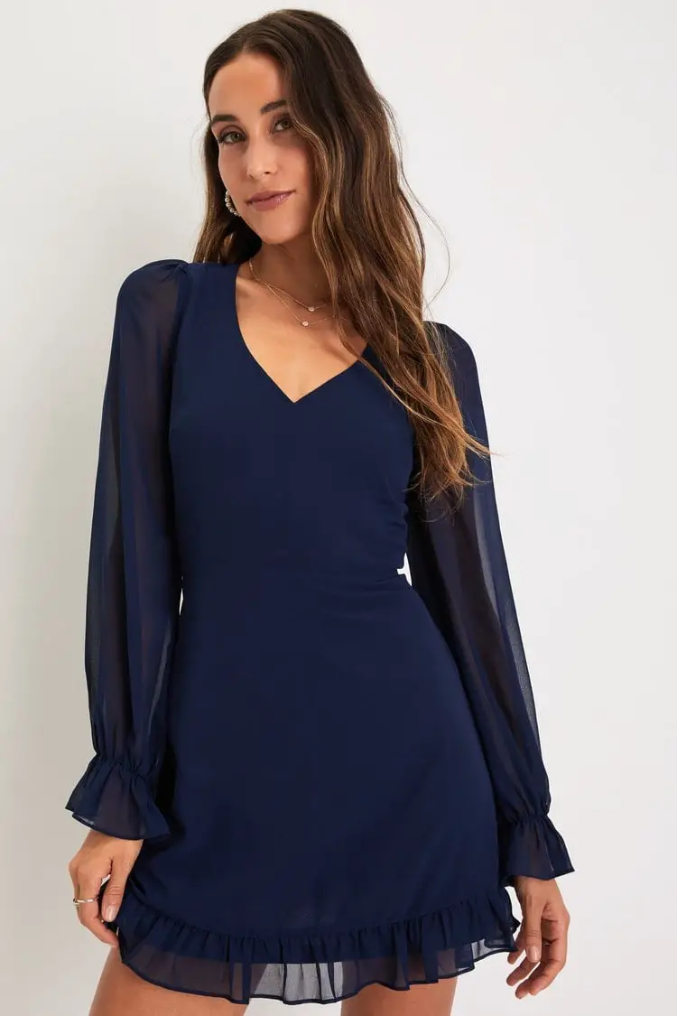 Navy Skater Mini Dress with Sheer Puff Sleeves Navy Skater Mini Dress with Sheer Puff Sleeves — Trendy Navy Blue Outfits