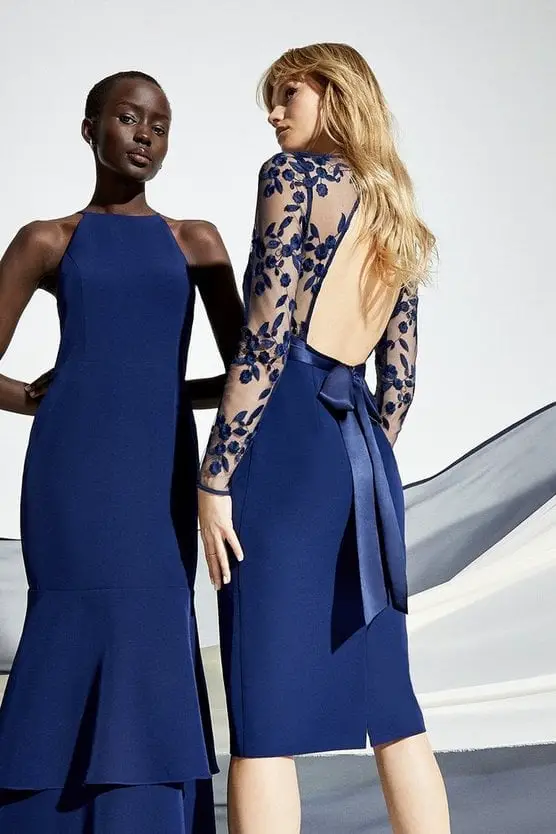 Navy Midi Dress with Open Back and Satin Bow for Evening Navy Midi Dress with Open Back and Satin Bow for Evening — Trendy Navy Blue Outfits