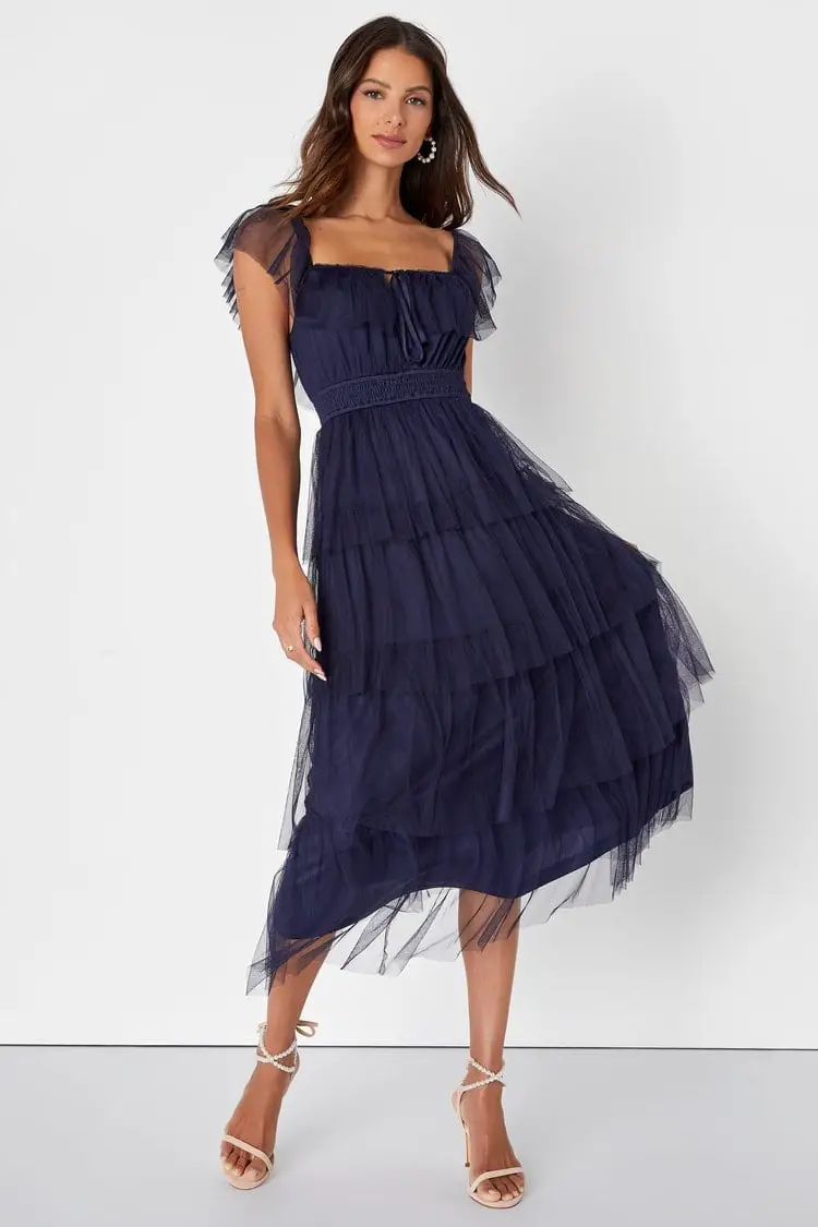 Navy Tiered Tulle Midi Dress for Evening Event Navy Tiered Tulle Midi Dress for Evening Event — Trendy Navy Blue Outfits