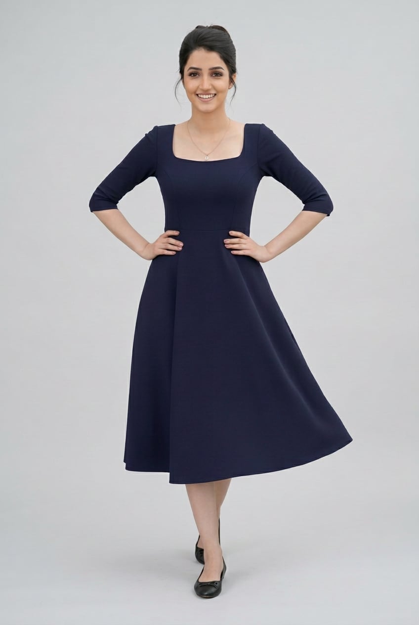 Navy Fit and Flare Midi Dress with Square Neckline Navy Fit and Flare Midi Dress with Square Neckline — Trendy Navy Blue Outfits