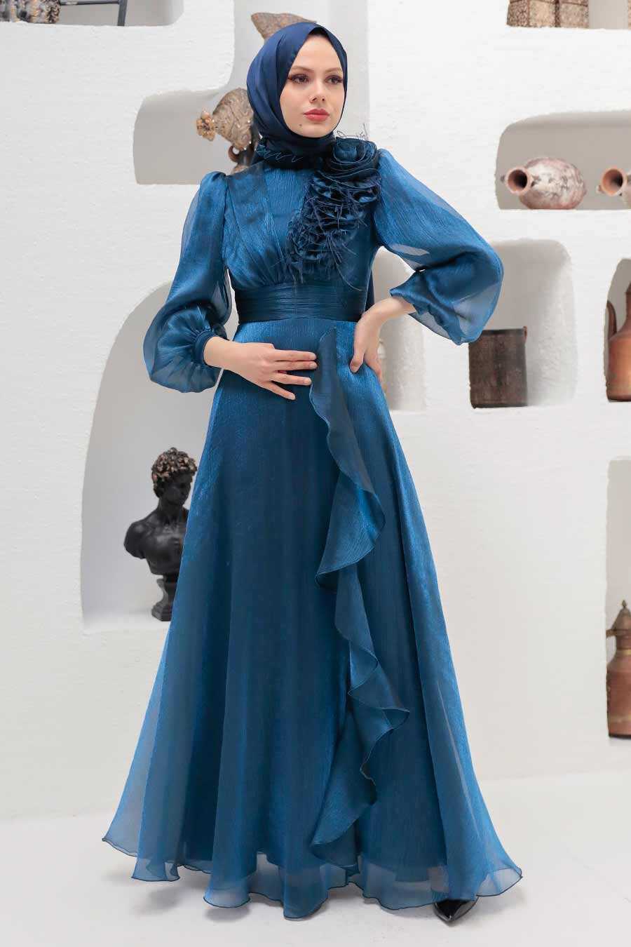 Shimmering Blue Evening Dress with Ruffled Skirt Shimmering Blue Evening Dress with Ruffled Skirt — Trendy Navy Blue Outfits
