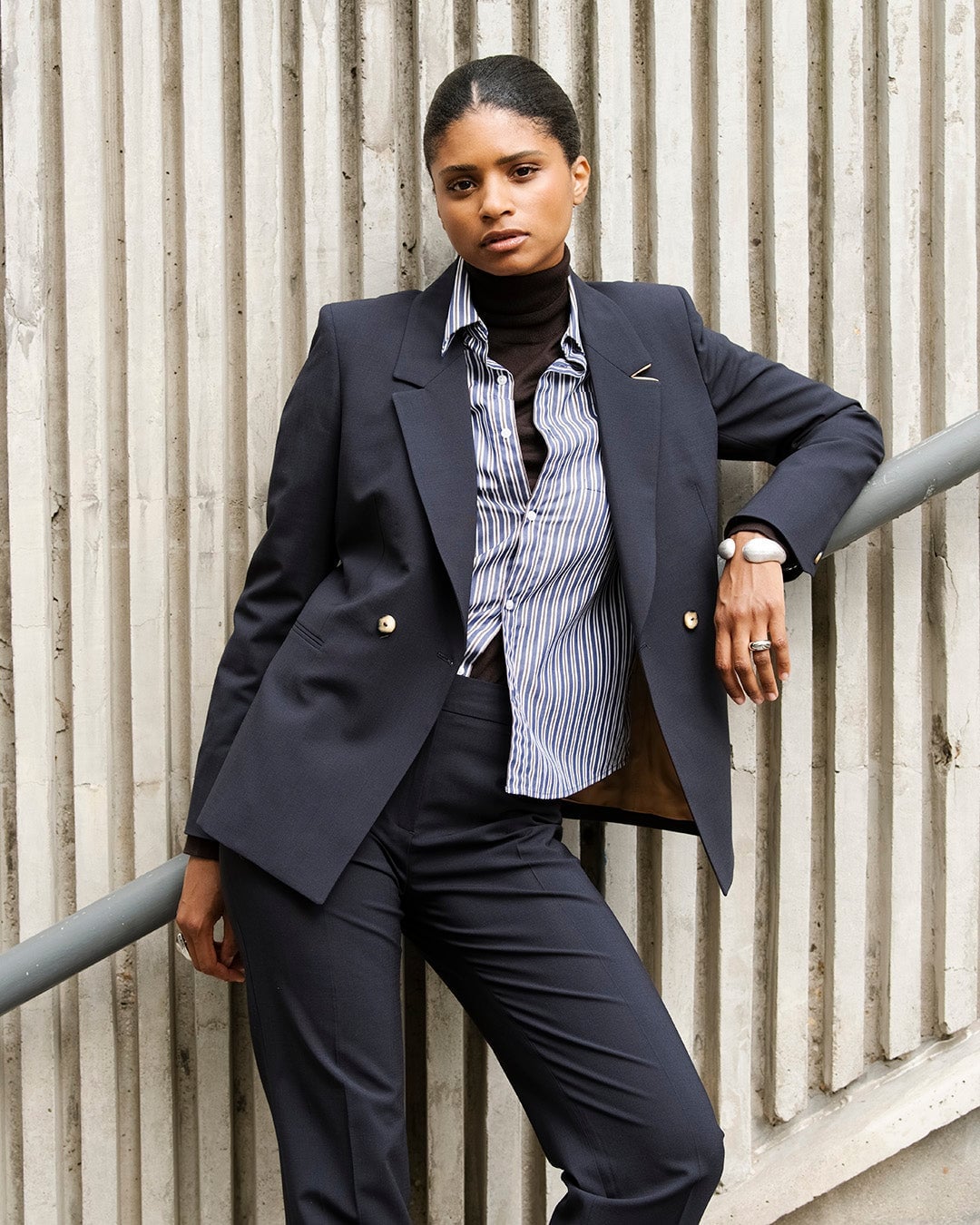 Navy Tailored Suit with Striped Shirt and Turtleneck Navy Tailored Suit with Striped Shirt and Turtleneck — Trendy Navy Blue Outfits