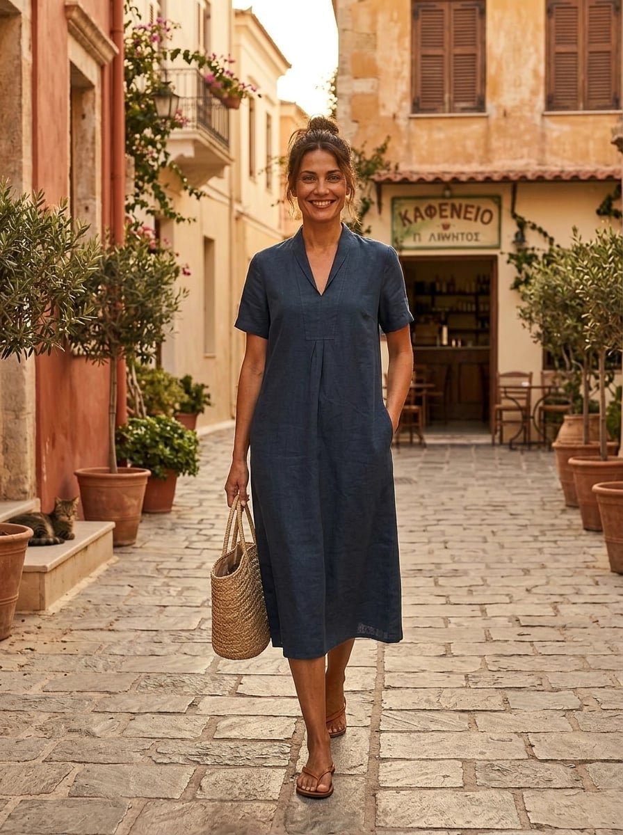 Relaxed Navy Linen Midi Dress with V-Neck Relaxed Navy Linen Midi Dress with V-Neck — Trendy Navy Blue Outfits