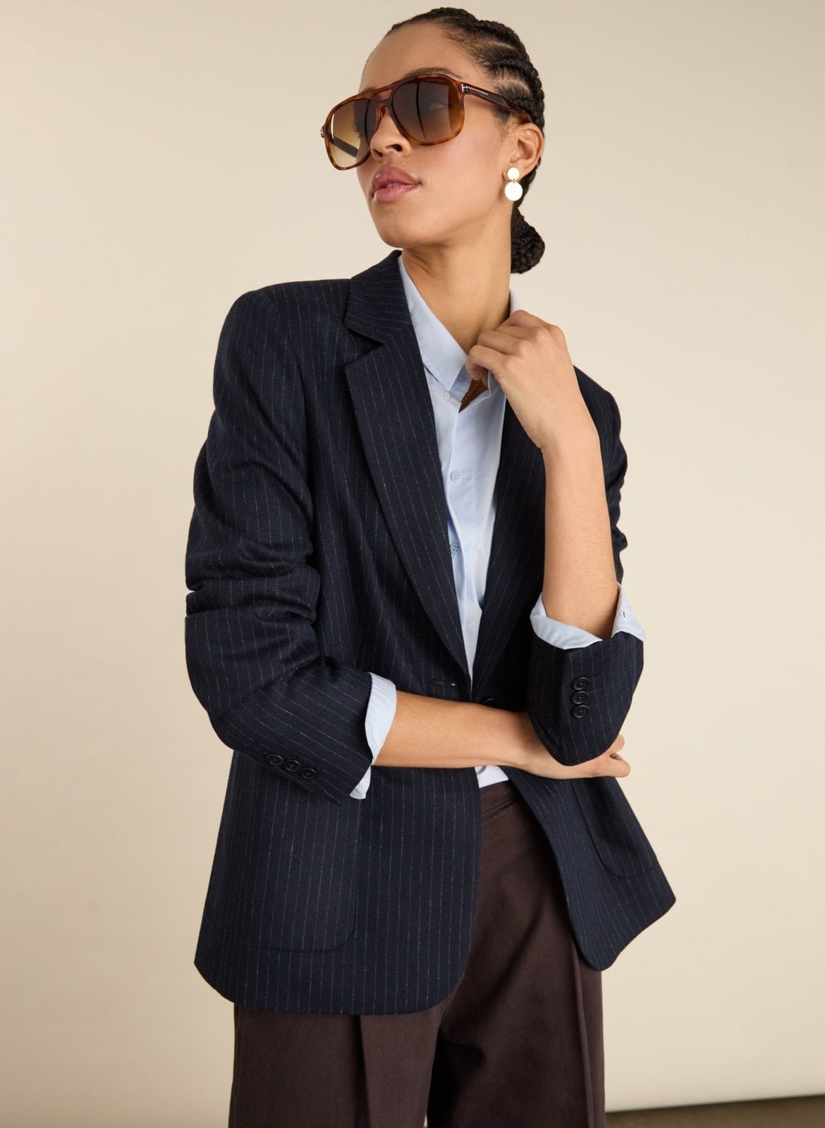 Oversized Navy Pinstripe Blazer with Light Blue Shirt Oversized Navy Pinstripe Blazer with Light Blue Shirt — Trendy Navy Blue Outfits