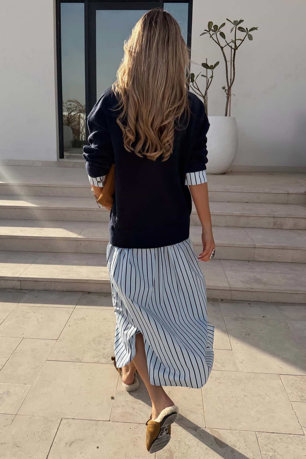 Navy Knit Sweater Over Striped Shirt with Midi Skirt Navy Knit Sweater Over Striped Shirt with Midi Skirt — Trendy Navy Blue Outfits