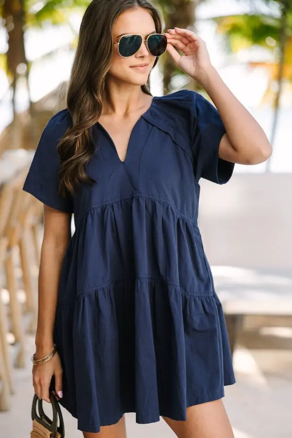 Navy Babydoll Dress with Tiered Skirt for Beachwear Navy Babydoll Dress with Tiered Skirt for Beachwear — Trendy Navy Blue Outfits