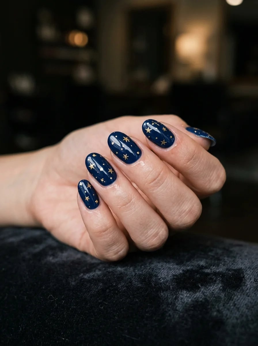 Navy Blue Glossy Short Oval Gold Star Decals Navy Blue Glossy Short Oval Gold Star Decals — Trendy Navy Nails