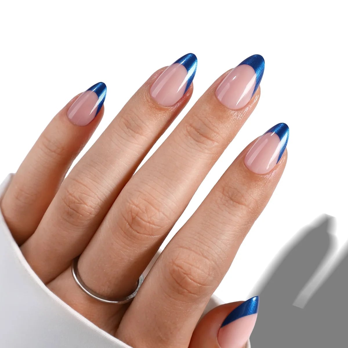 Metallic Navy French Tips Medium Almond Nails Metallic Navy French Tips Medium Almond Nails — Trendy Navy Nails