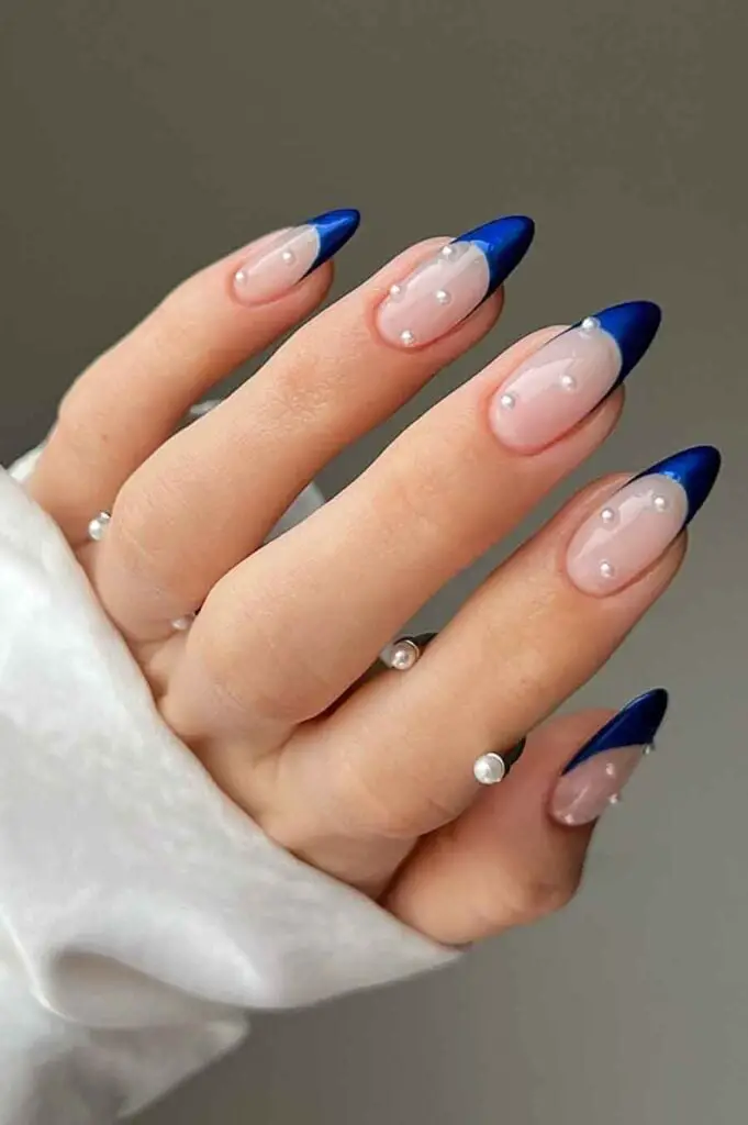 Navy French Tip Long Almond Pearl Embellishments Navy French Tip Long Almond Pearl Embellishments — Trendy Navy Nails