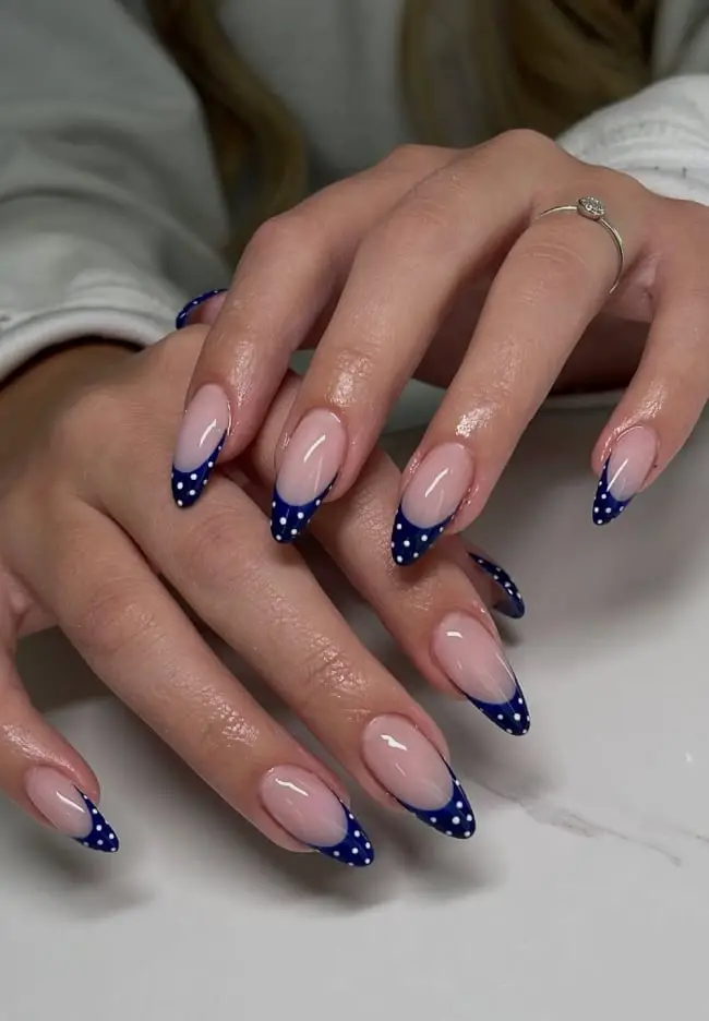 Navy French Tip Long Almond White Polka Dots Navy French Tip Long Almond White Polka Dots — Trendy Navy Nails
