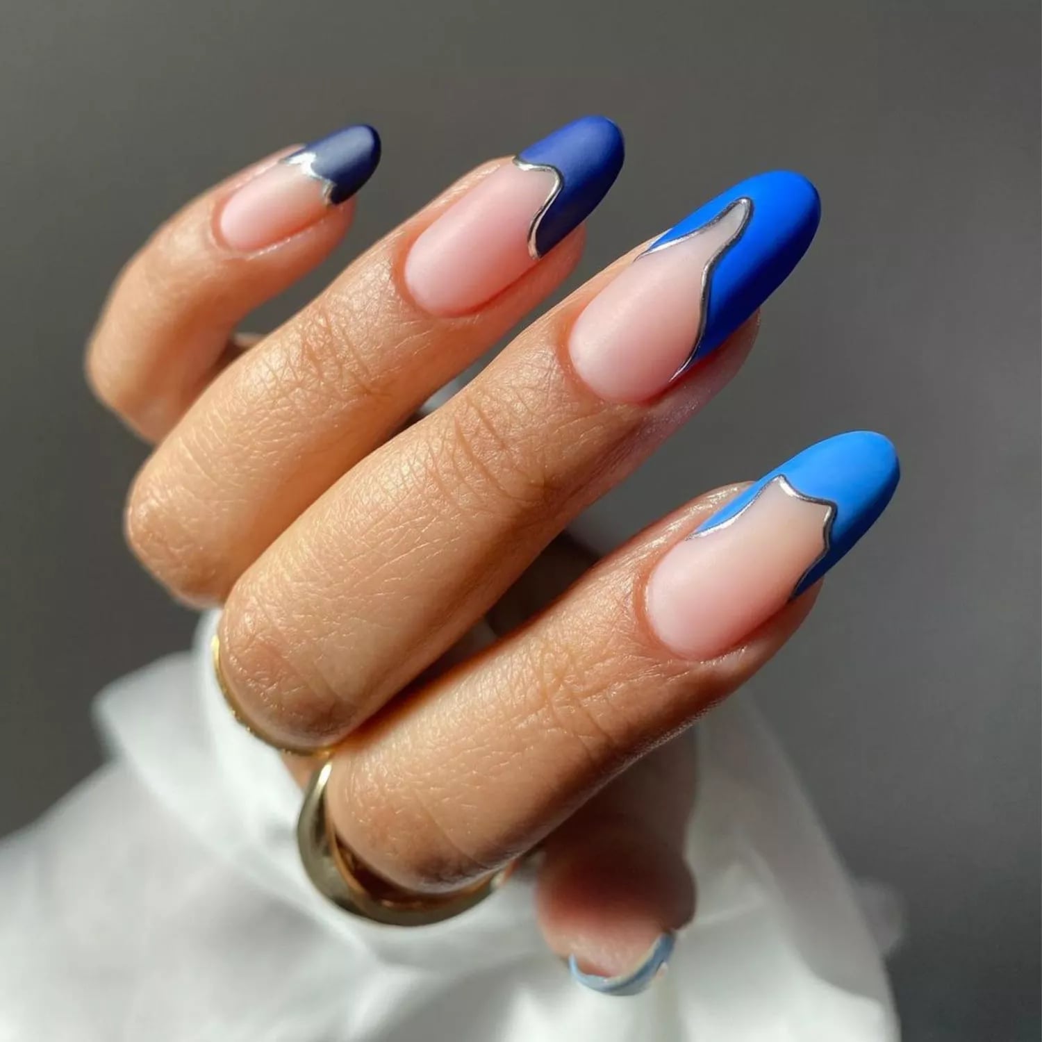 Abstract Navy Light Blue Silver French Tips Long Almond Abstract Navy Light Blue Silver French Tips Long Almond — Trendy Navy Nails