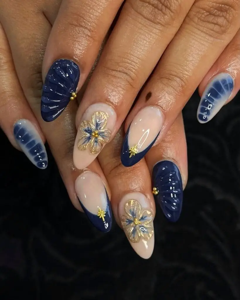 3D Ribbed Navy Texture Long Almond Nails 3D Ribbed Navy Texture Long Almond Nails — Trendy Navy Nails