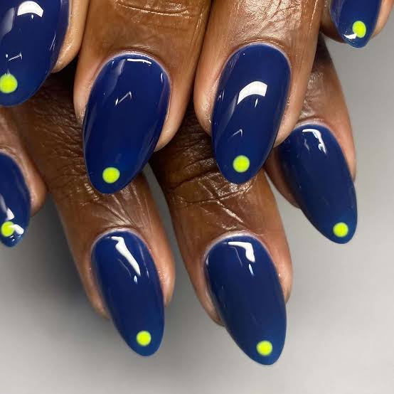 Navy Glossy Medium Almond Yellow Dot Accent Navy Glossy Medium Almond Yellow Dot Accent — Trendy Navy Nails
