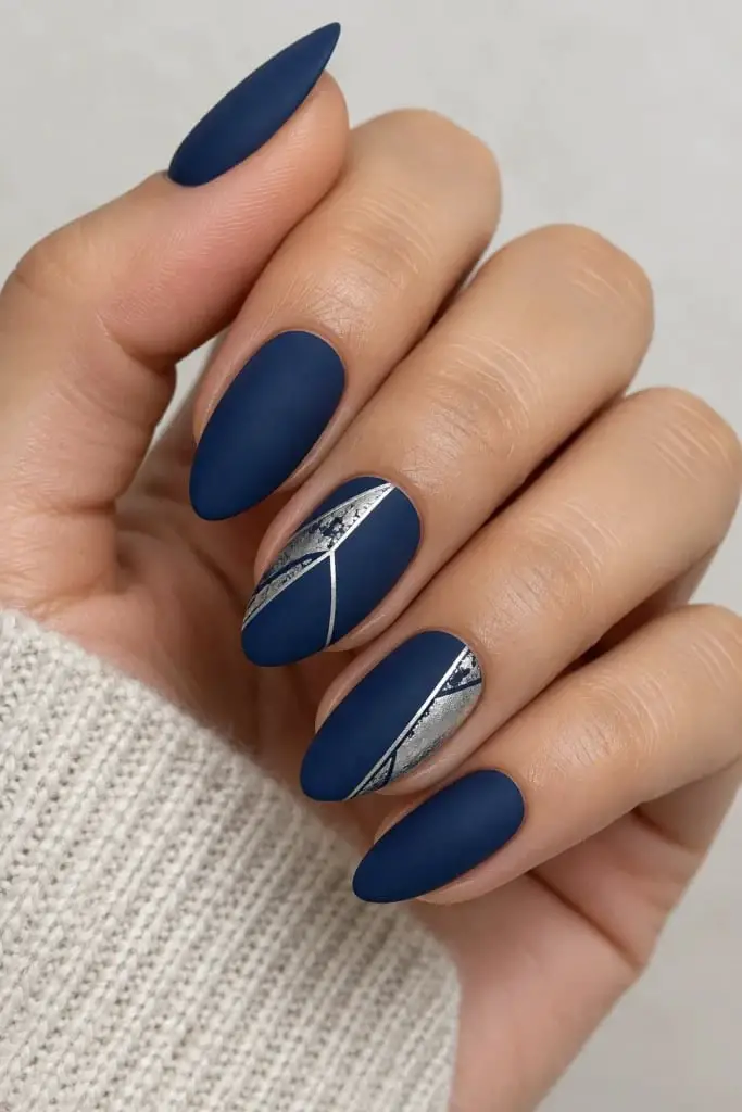Matte Navy Geometric Silver Foil Short Almond Nails Matte Navy Geometric Silver Foil Short Almond Nails — Trendy Navy Nails