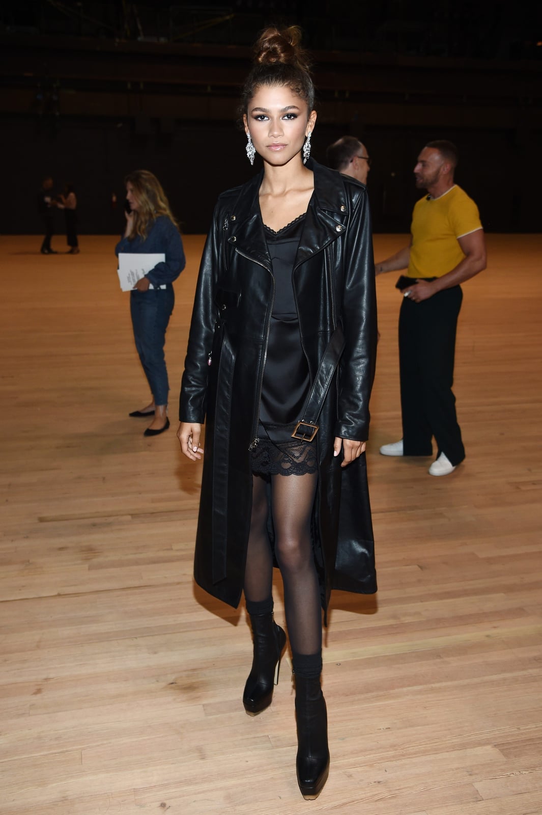 Leather Trench Coat Over Slip Dress with Lace Trim Leather Trench Coat Over Slip Dress with Lace Trim — Trendy Night Out Outfits