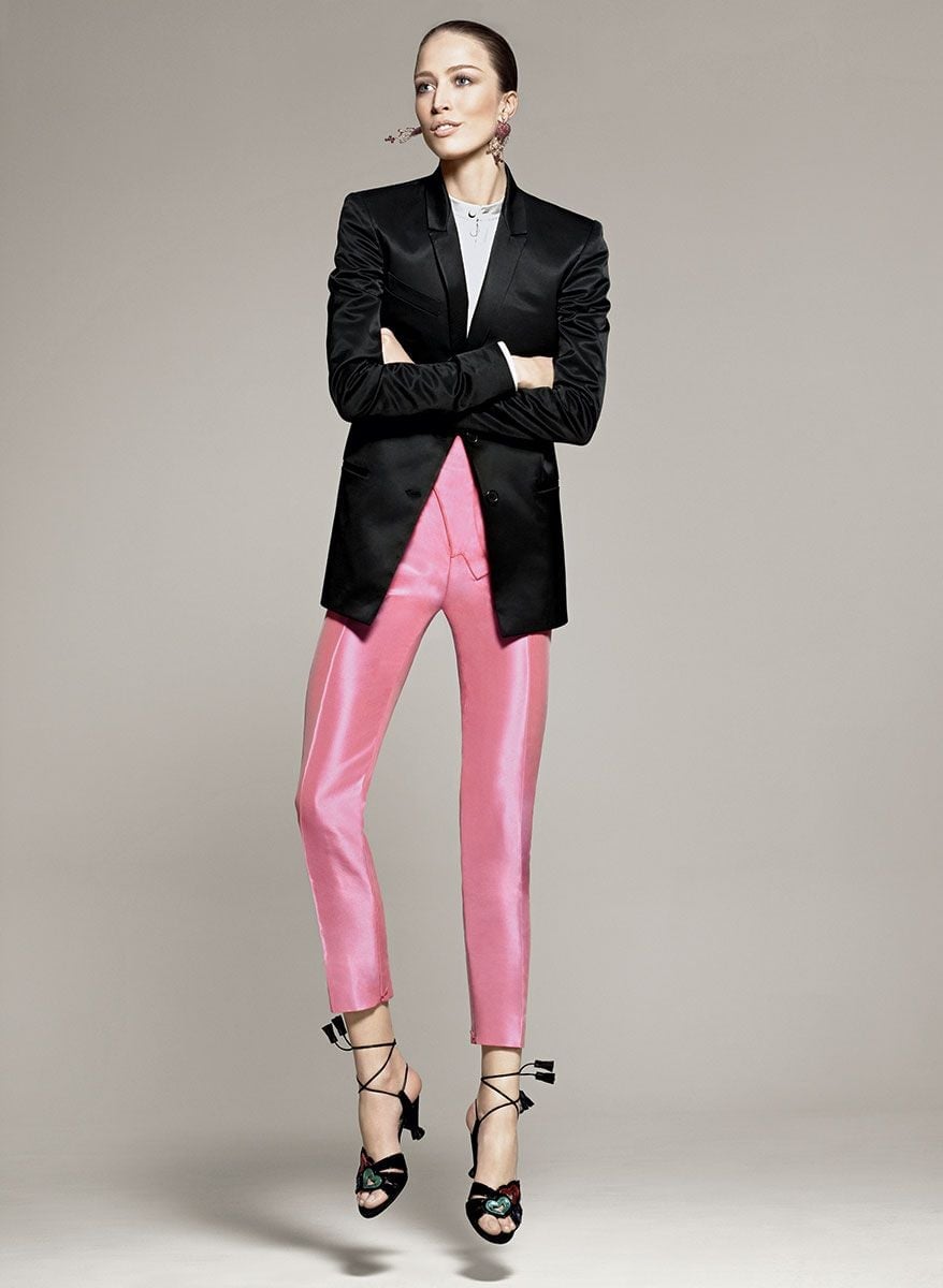 Black Blazer Over White Shirt with Bright Pink Satin Trousers Black Blazer Over White Shirt with Bright Pink Satin Trousers — Trendy Night Out Outfits