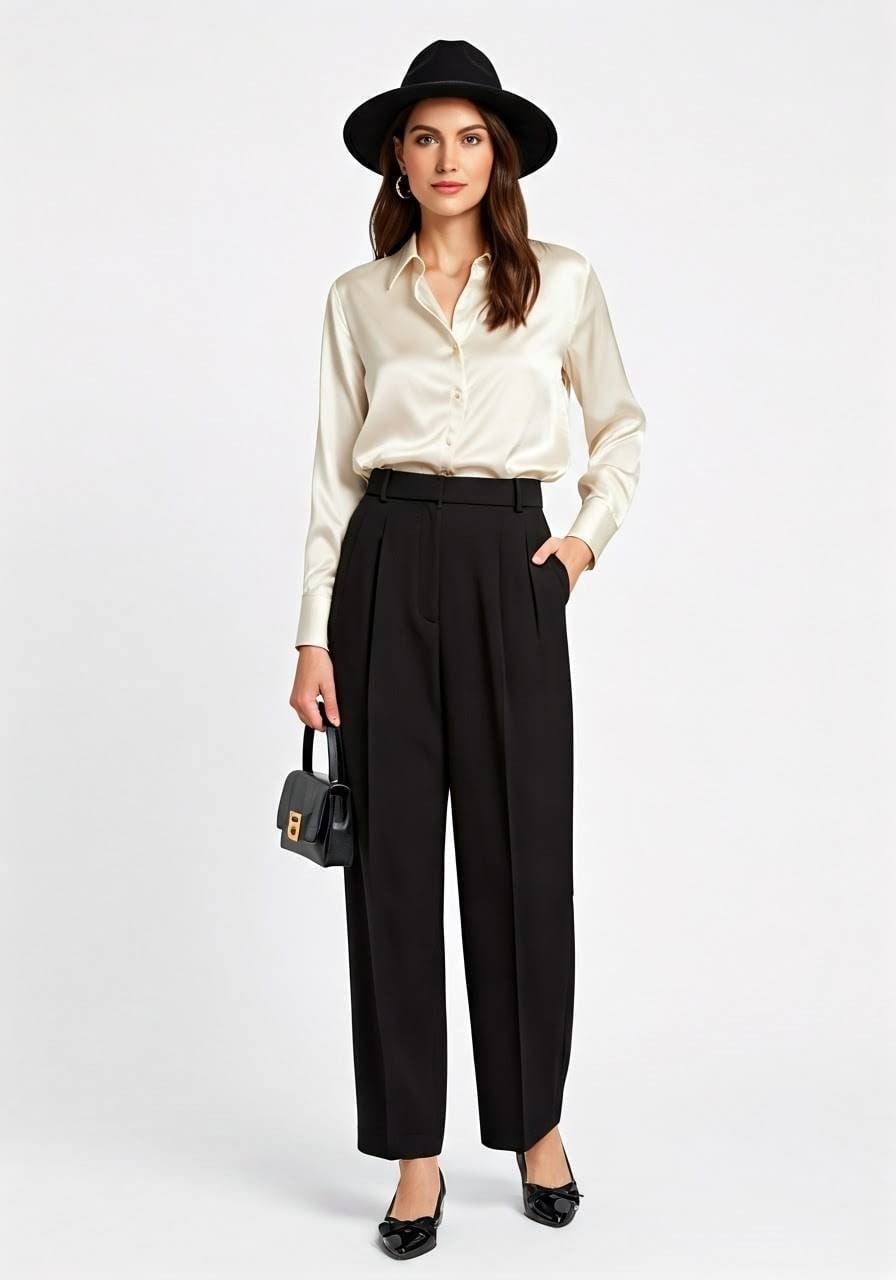 Ivory Silk Shirt with Black Wide-Leg Trousers Ivory Silk Shirt with Black Wide-Leg Trousers — Trendy Night Out Outfits