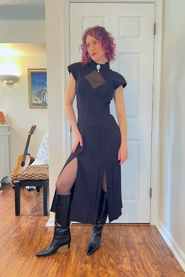 Black Midi Dress with Sheer Panel and High Slits Black Midi Dress with Sheer Panel and High Slits — Trendy Night Out Outfits