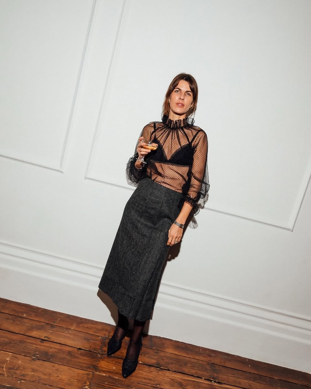 Sheer Polka Dot Blouse with Tweed Midi Skirt Sheer Polka Dot Blouse with Tweed Midi Skirt — Trendy Night Out Outfits