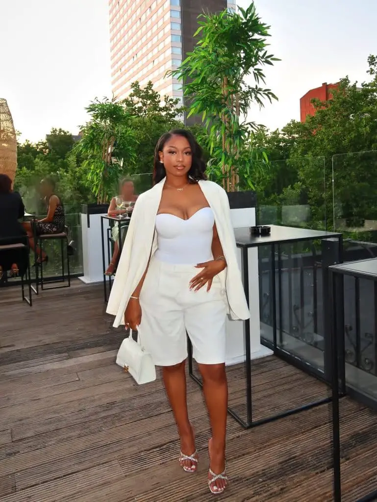 All-white Blazer, Bodysuit, and Bermuda Shorts All-white Blazer, Bodysuit, and Bermuda Shorts — Trendy Night Out Outfits