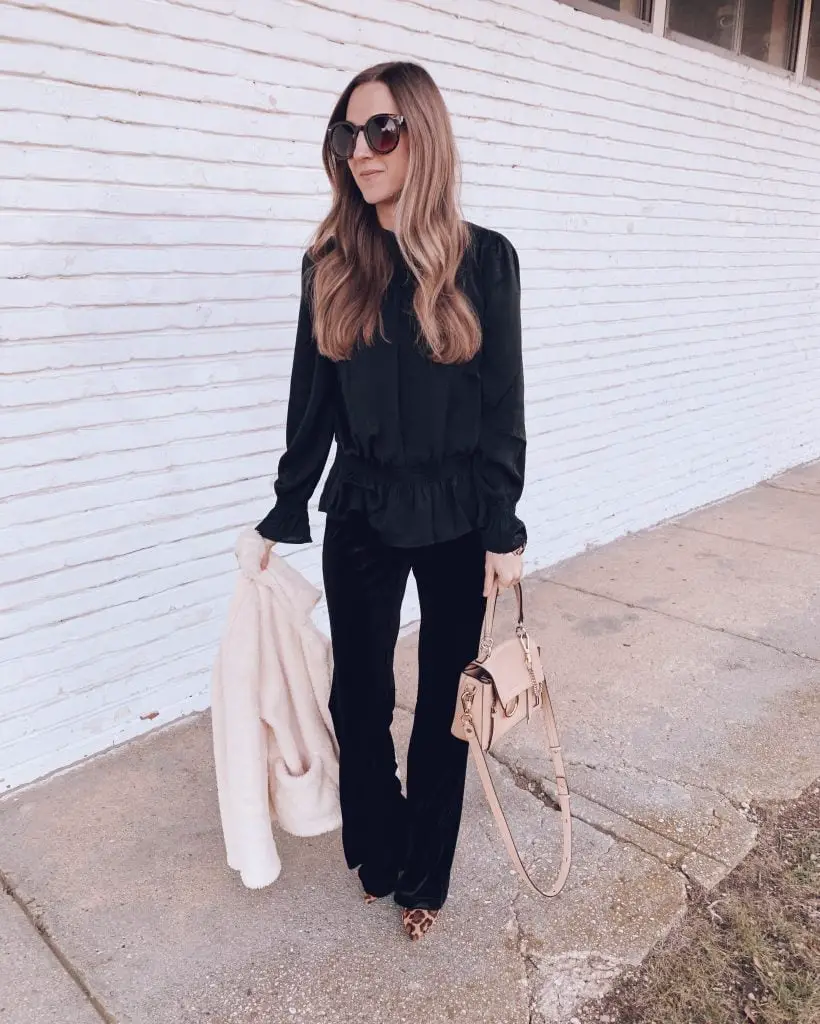 Black Velvet Flared Pants with Peplum Blouse Black Velvet Flared Pants with Peplum Blouse — Trendy Night Out Outfits