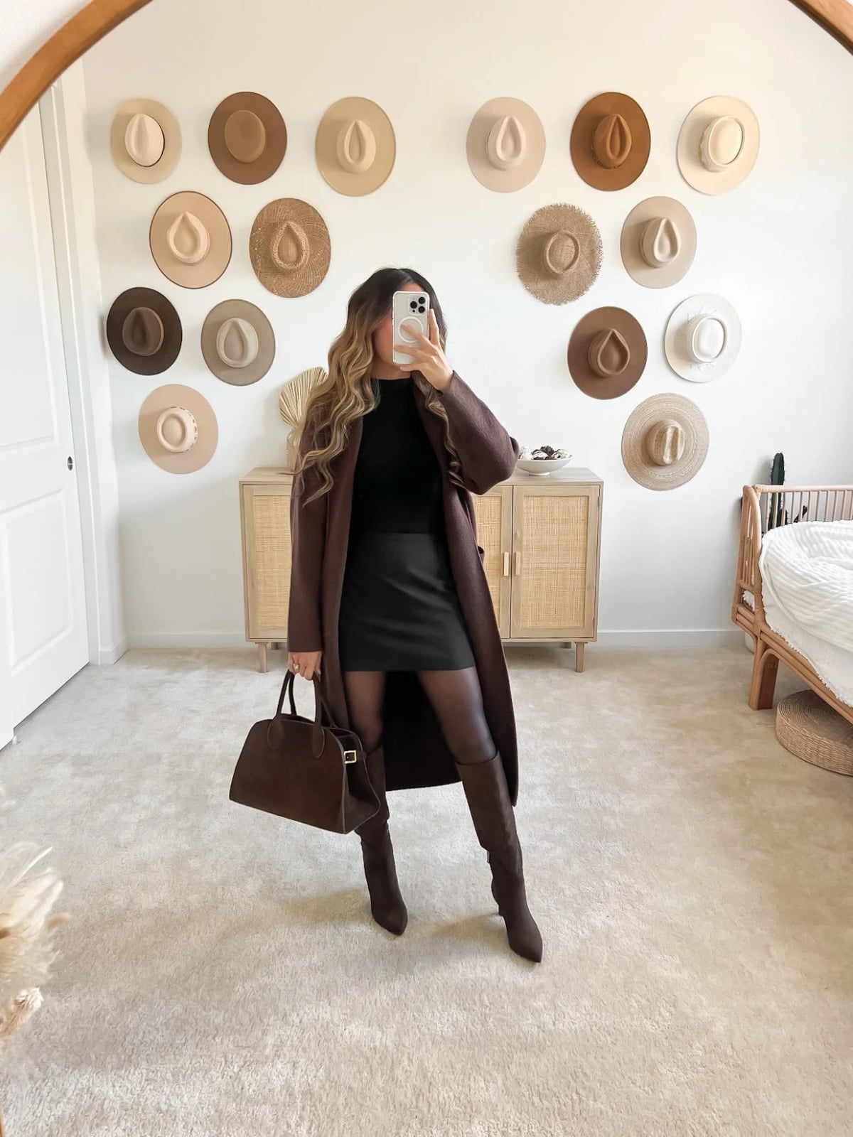 Longline Brown Coat Over Black Faux Leather Mini Skirt Longline Brown Coat Over Black Faux Leather Mini Skirt — Trendy Night Out Outfits