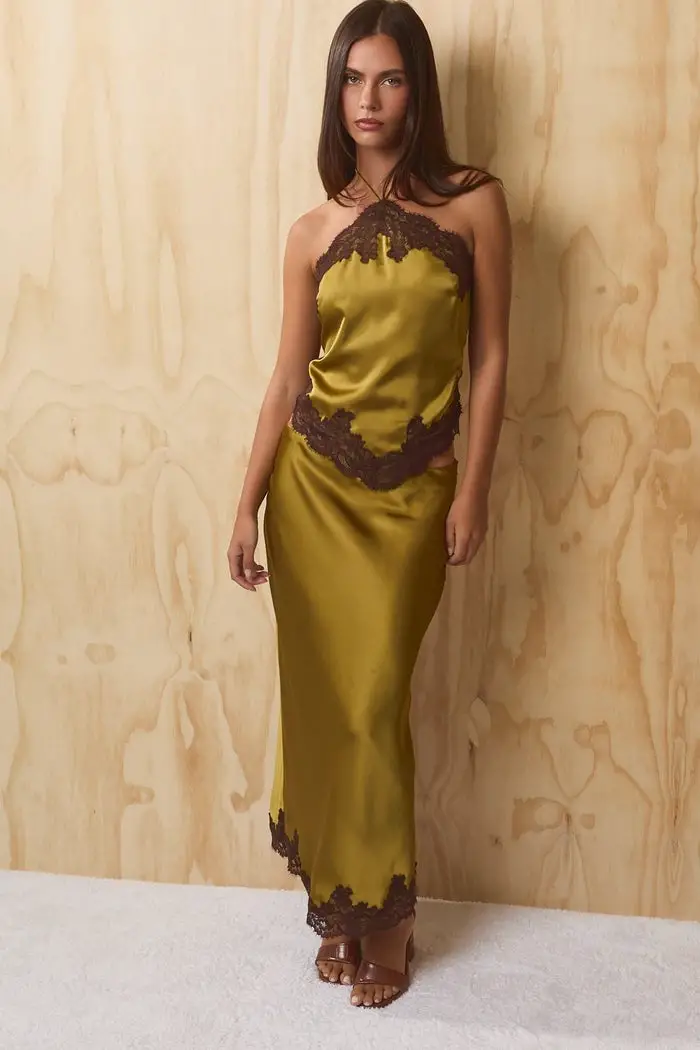 Olive Green Satin Halter Top with Lace Trim Maxi Skirt Olive Green Satin Halter Top with Lace Trim Maxi Skirt — Trendy Night Out Outfits
