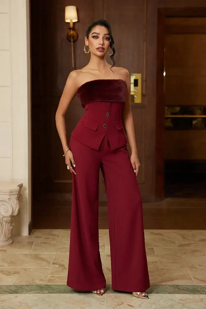Deep Red Suit with Strapless Bodice and Fur Trim Deep Red Suit with Strapless Bodice and Fur Trim — Trendy Night Out Outfits