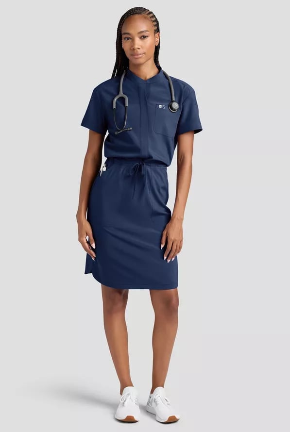 Navy Blue Zip-Front Scrub Dress with Sneakers Navy Blue Zip-Front Scrub Dress with Sneakers — Trendy Nurse Outfits