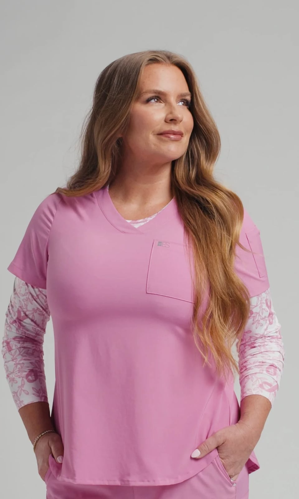 Pink Scrub Top Over Patterned Long Sleeve Shirt with Joggers Pink Scrub Top Over Patterned Long Sleeve Shirt with Joggers — Trendy Nurse Outfits