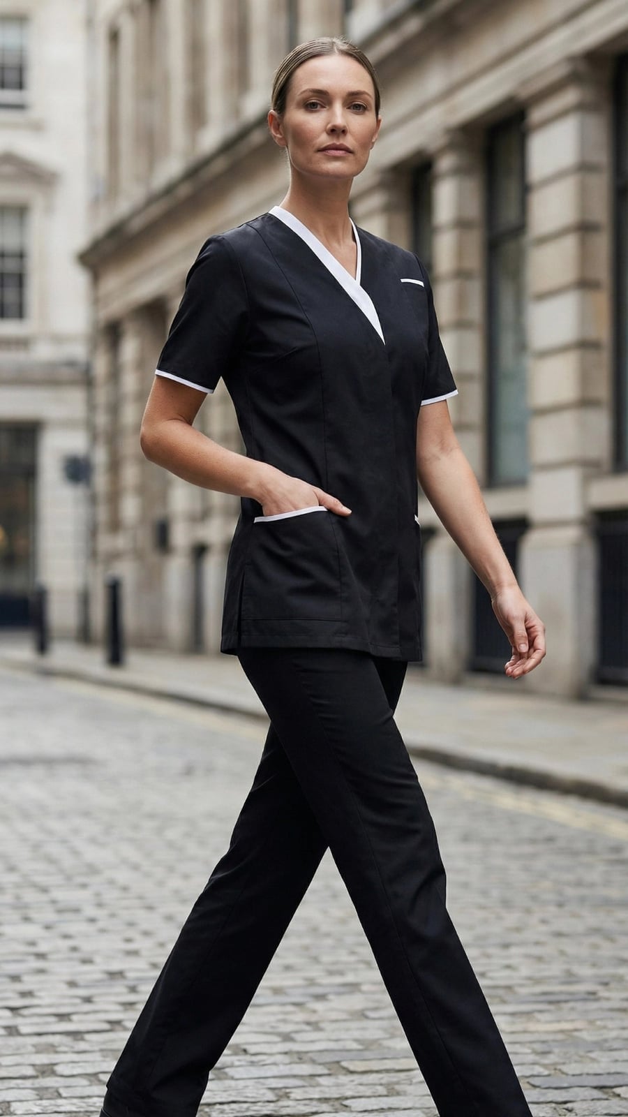 Black Tunic with White Trim and Matching Trousers Black Tunic with White Trim and Matching Trousers — Trendy Nurse Outfits
