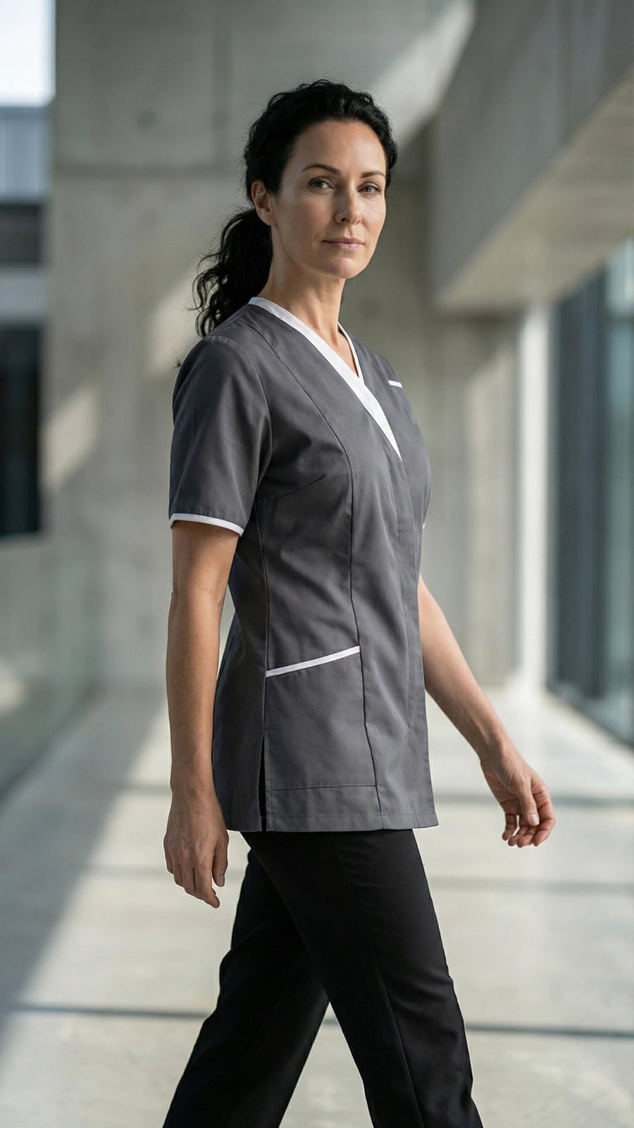 Dark Gray Tunic with White Trim and Black Trousers and Smooth Twill Dark Gray Tunic with White Trim and Black Trousers and Smooth Twill — Trendy Nurse Outfits