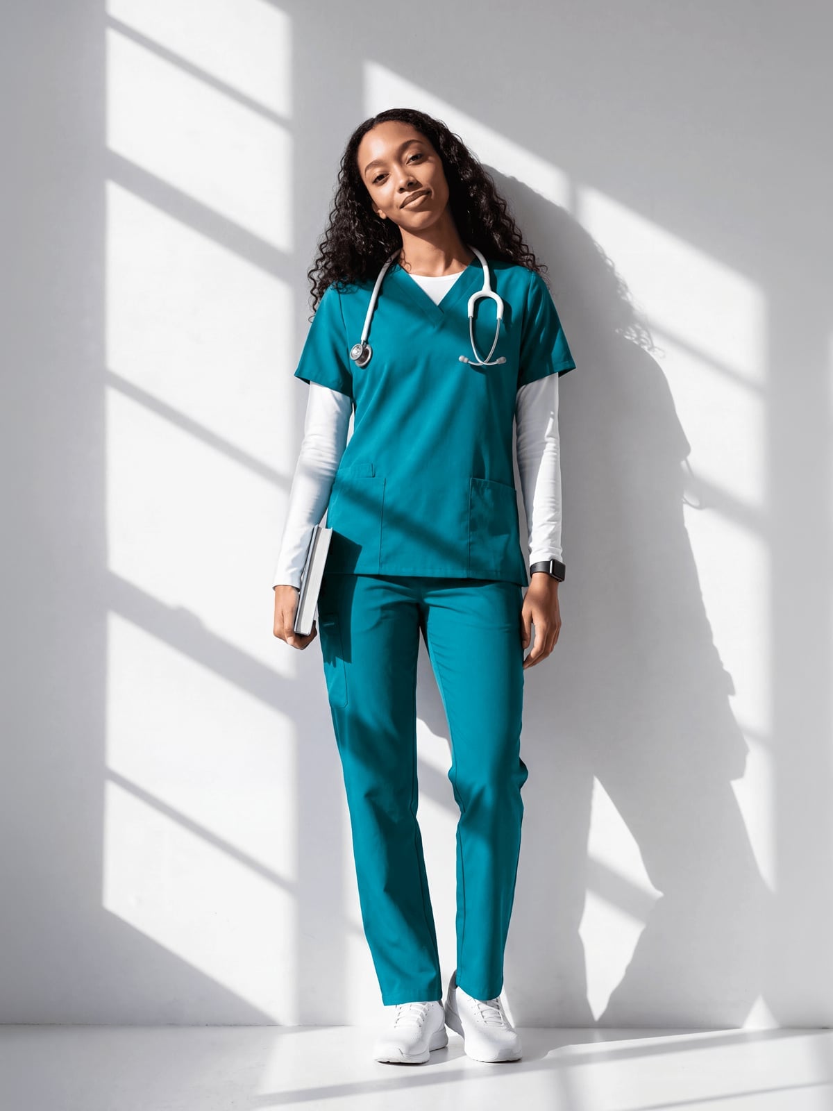 Teal V-neck Scrub Top Over White Shirt with Trousers Teal V-neck Scrub Top Over White Shirt with Trousers — Trendy Nurse Outfits