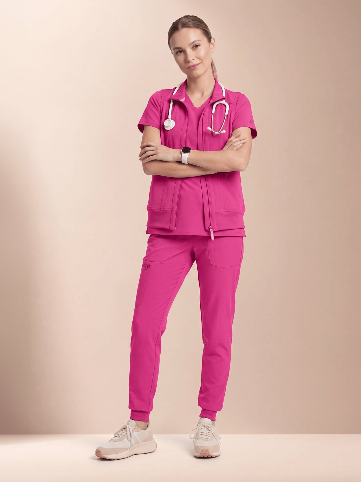 Hot Pink Zip-Front Scrub Jacket with Joggers and Sneakers Hot Pink Zip-Front Scrub Jacket with Joggers and Sneakers — Trendy Nurse Outfits