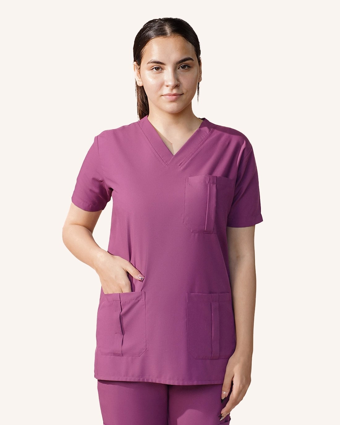 Purple V-neck Scrub Top with Multiple Pockets and Straight Pants Purple V-neck Scrub Top with Multiple Pockets and Straight Pants — Trendy Nurse Outfits