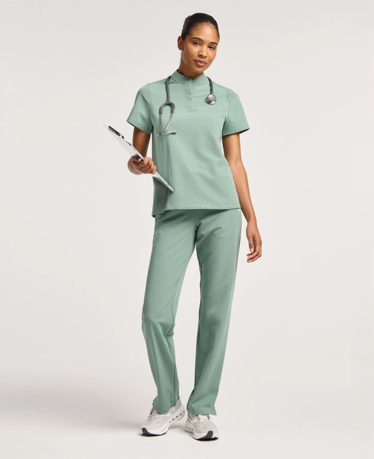 Sage Green Mock Neck Scrub Set with White Sneakers Sage Green Mock Neck Scrub Set with White Sneakers — Trendy Nurse Outfits