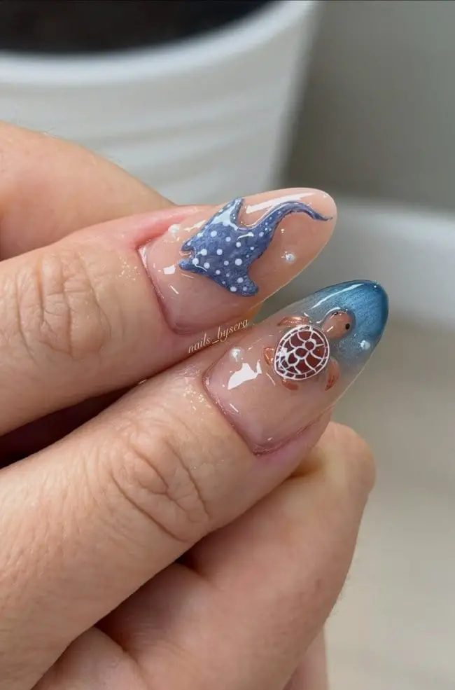 Manta Ray and Turtle Art Sharp Almond Nails Manta Ray and Turtle Art Sharp Almond Nails — Trendy Ocean Nails