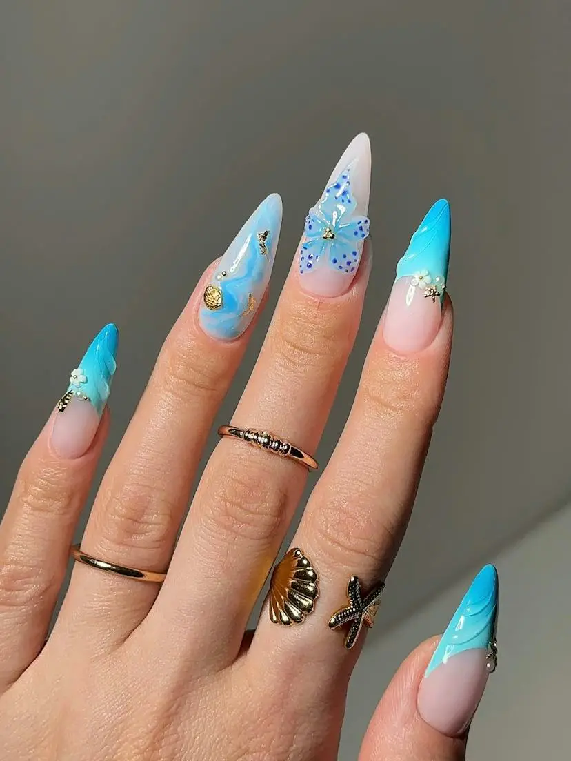 3D Blue Flower and Waves Long Stiletto Nails 3D Blue Flower and Waves Long Stiletto Nails — Trendy Ocean Nails