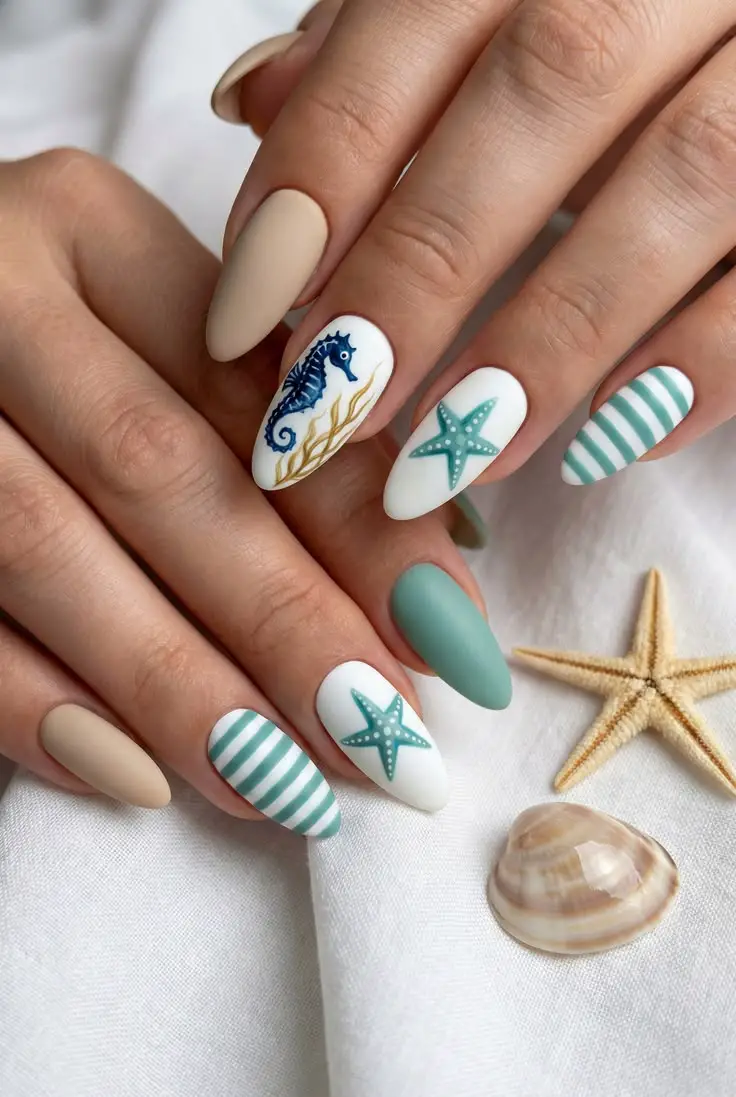 Seahorse and Starfish Matte Medium Almond Nails Seahorse and Starfish Matte Medium Almond Nails — Trendy Ocean Nails