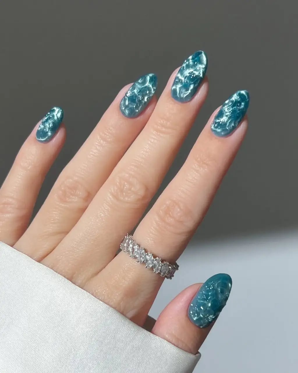 Textured Water Effect Medium Almond Nails Textured Water Effect Medium Almond Nails — Trendy Ocean Nails