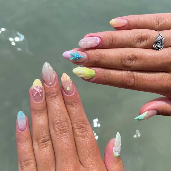 Pastel Ocean Motifs Medium Almond Nails Pastel Ocean Motifs Medium Almond Nails — Trendy Ocean Nails
