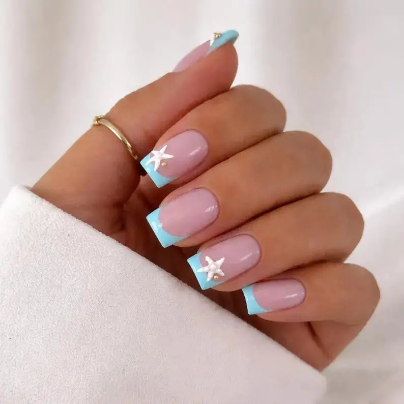 Blue French Tip with 3D Starfish Square Nails Blue French Tip with 3D Starfish Square Nails — Trendy Ocean Nails