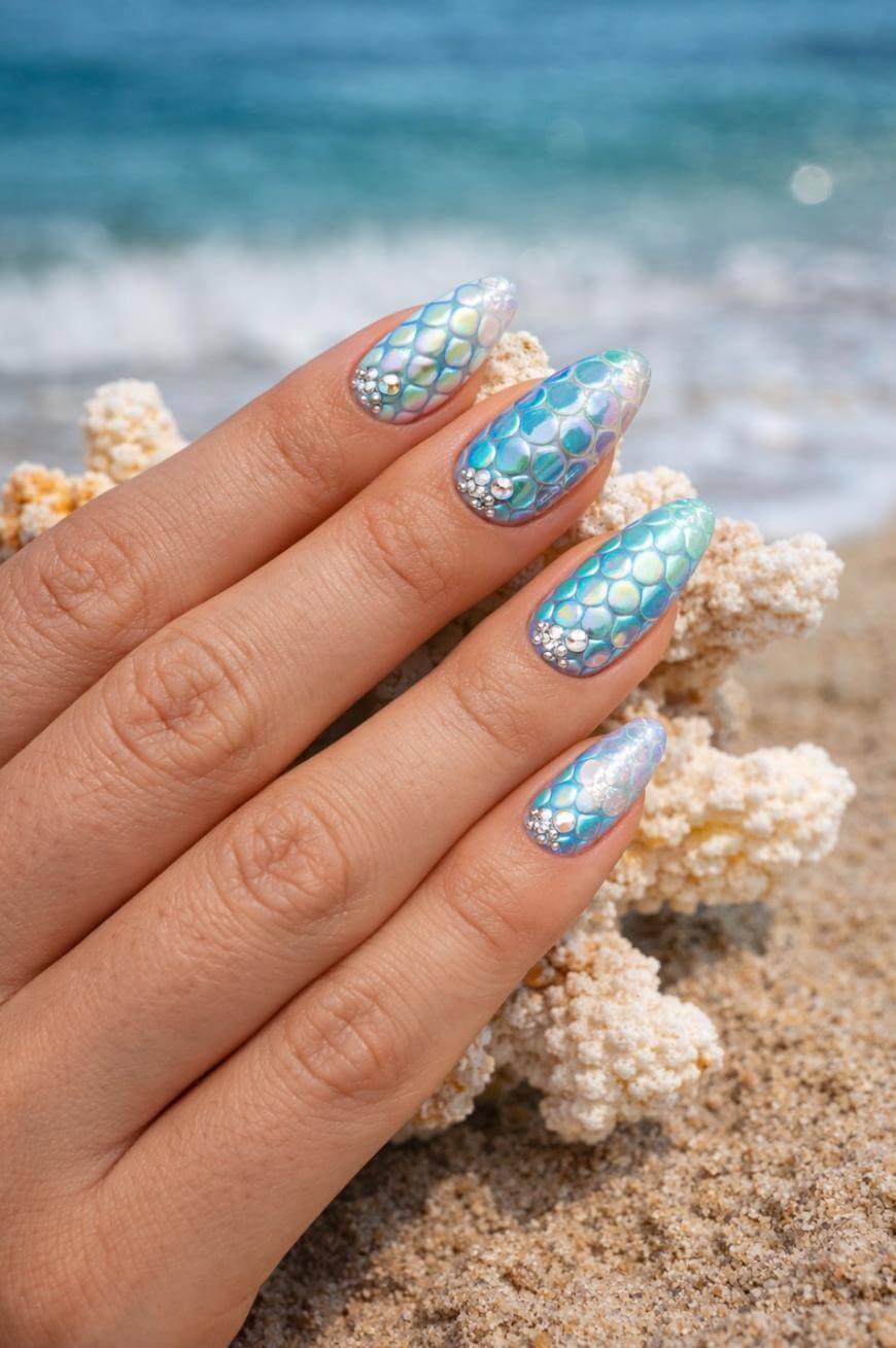 Iridescent Mermaid Scale Medium Almond Nails, миндаль Iridescent Mermaid Scale Medium Almond Nails, миндаль — Trendy Ocean Nails