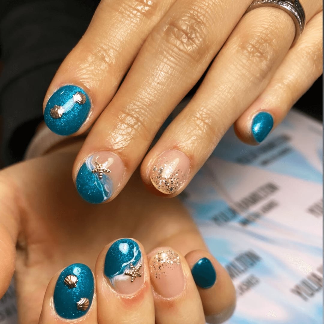 Turquoise Waves and Starfish Oval Nails Turquoise Waves and Starfish Oval Nails — Trendy Ocean Nails
