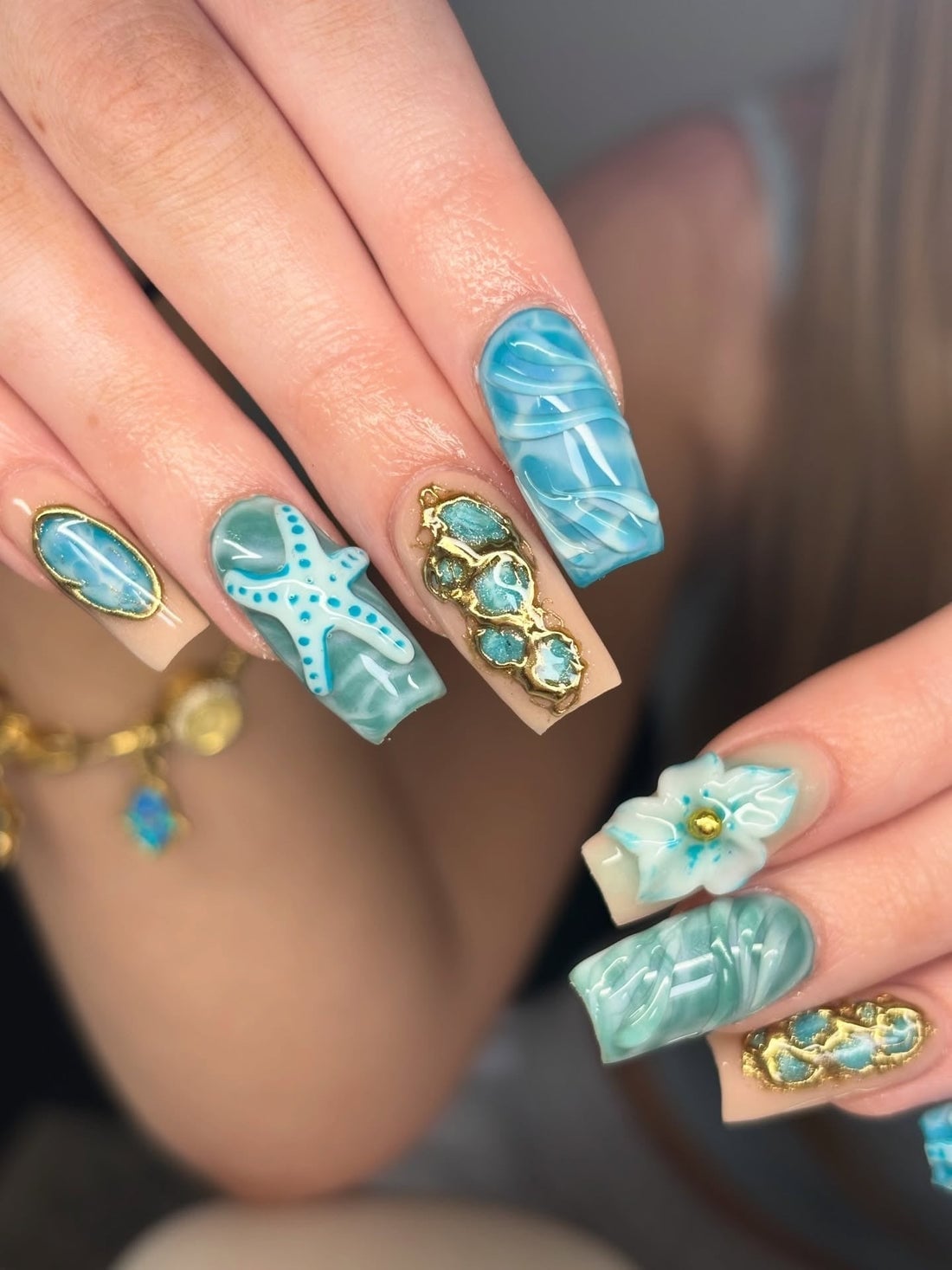 3D Starfish and Shells Long Square Nails 3D Starfish and Shells Long Square Nails — Trendy Ocean Nails