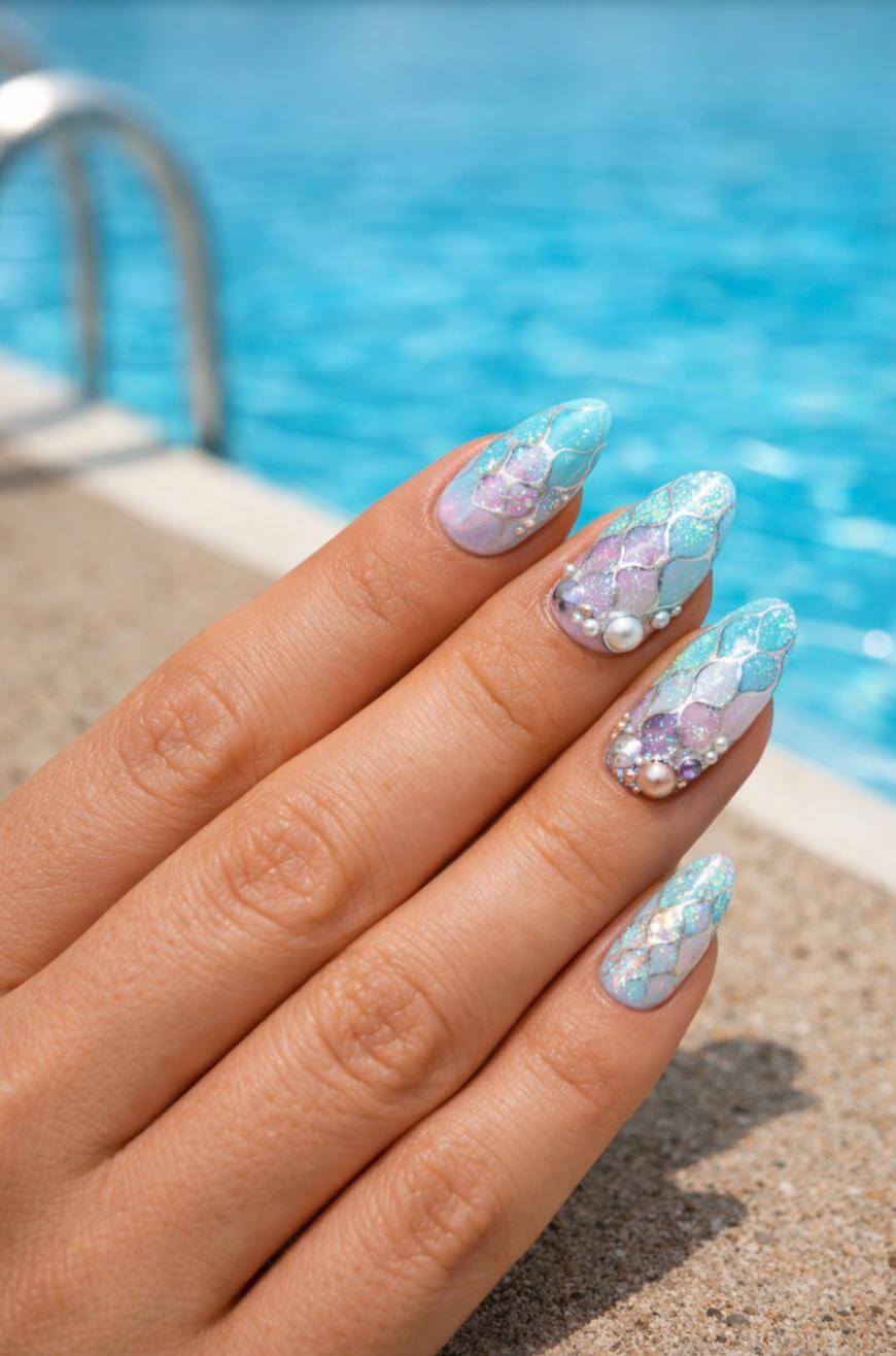 Mermaid Scale Pattern Medium Almond Nails Mermaid Scale Pattern Medium Almond Nails — Trendy Ocean Nails